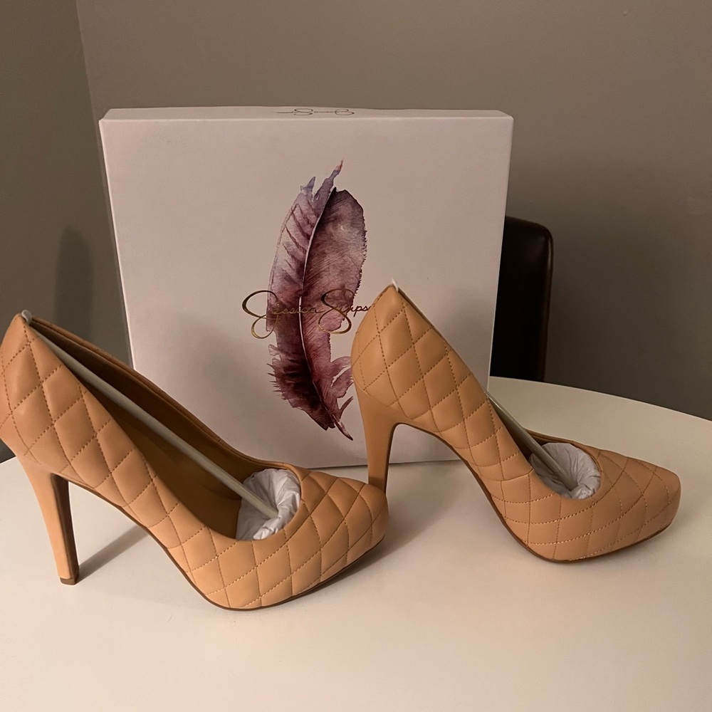 Jessica Simpson Parisah Platform Patchwork Stiletto. Size 8.5 & Buff Colored.